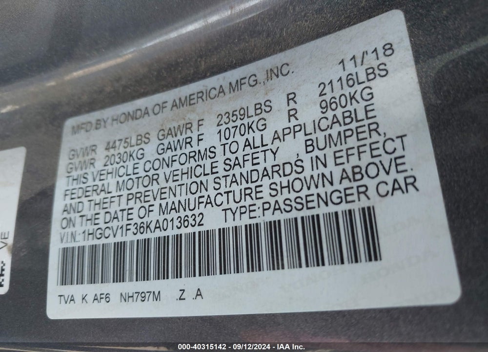 2019 HONDA ACCORD SPORT VIN: 1HGCV1F36KA013632
