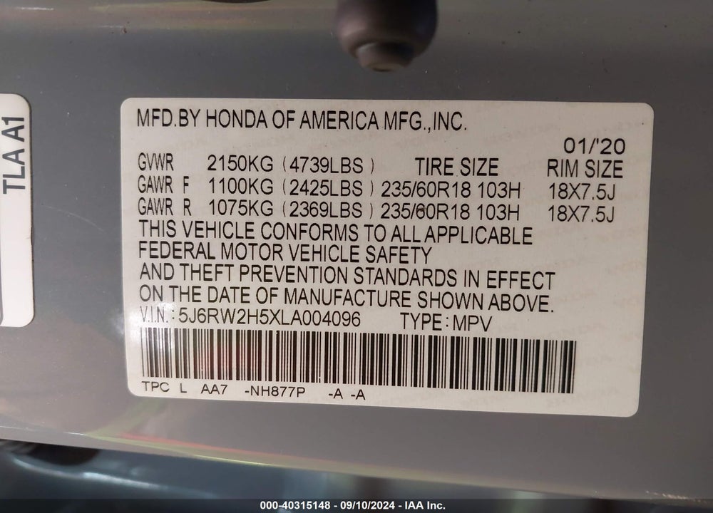 2020 HONDA CR-V AWD EX VIN: 5J6RW2H5XLA004096