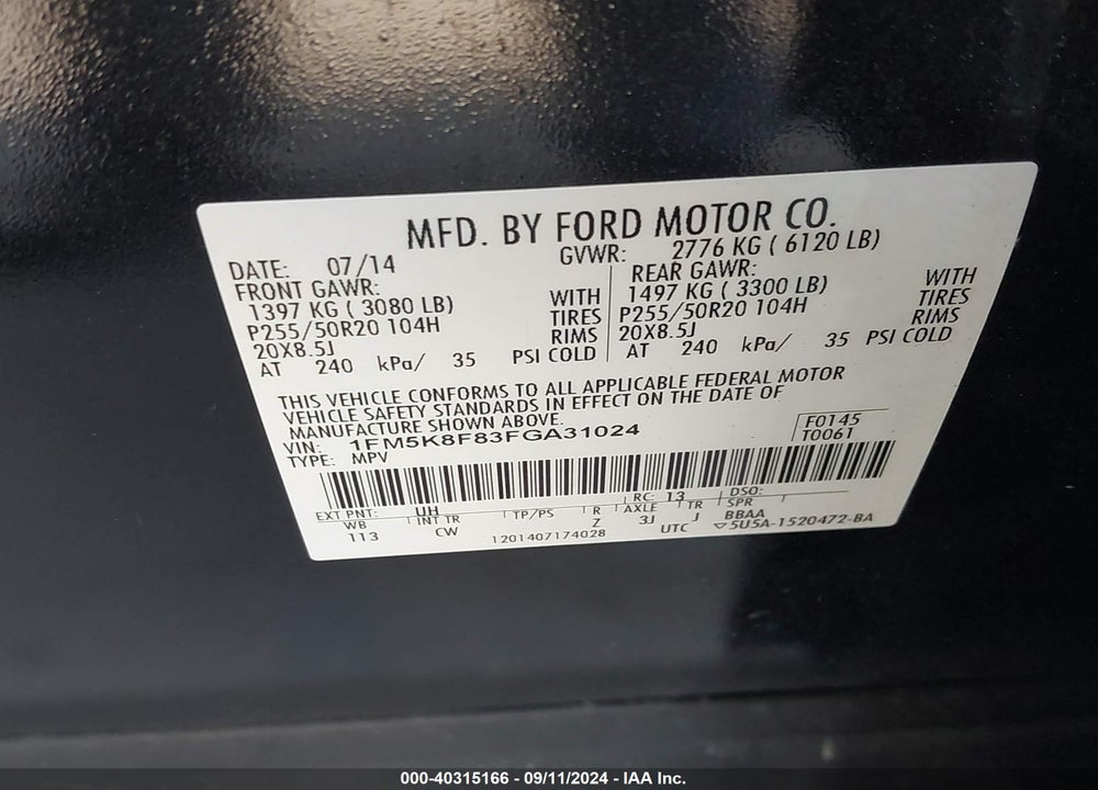 2015 FORD EXPLORER LIMITED VIN: 1FM5K8F83FGA31024