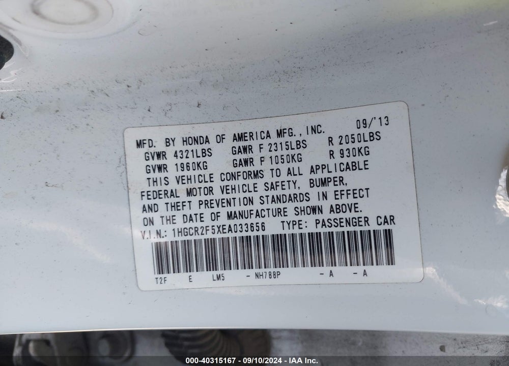 2014 HONDA ACCORD SPORT VIN: 1HGCR2F5XEA033656