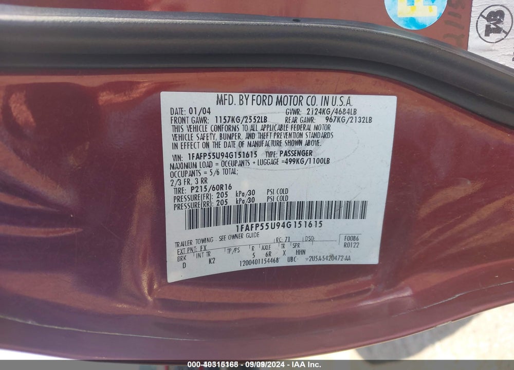2004 FORD TAURUS SES VIN: 1FAFP55U94G151615