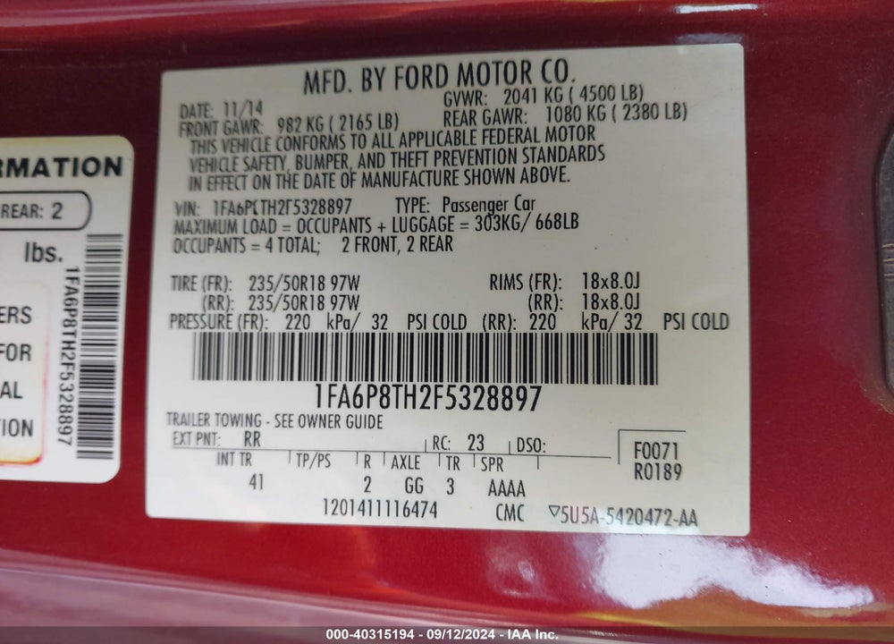 2015 FORD MUSTANG ECOBOOST VIN: 1FA6P8TH2F5328897
