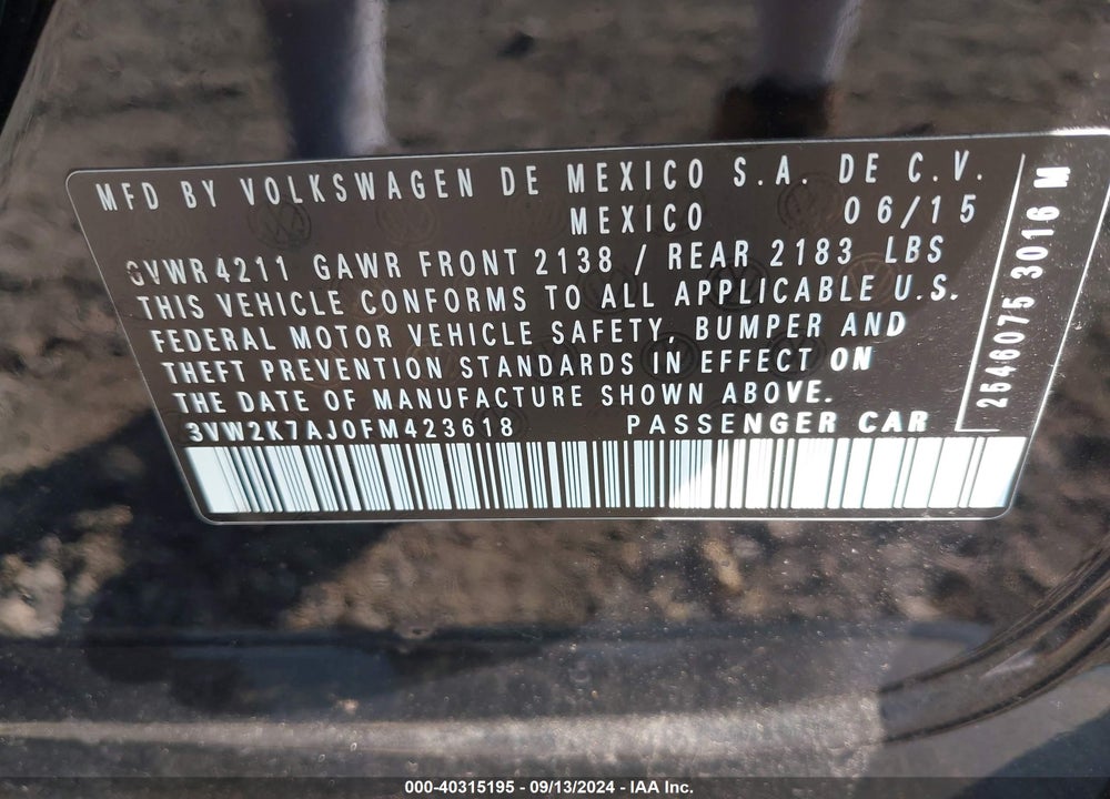 2015 VOLKSWAGEN JETTA 2.0L S VIN: 3VW2K7AJ0FM423618