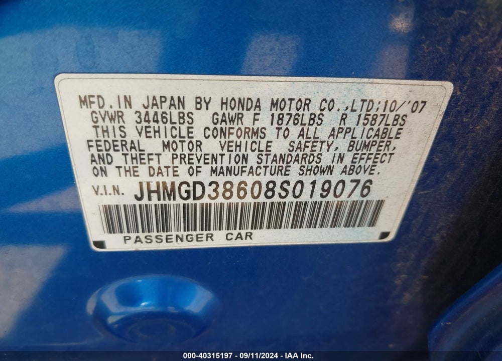 2008 HONDA FIT SPORT VIN: JHMGD38608S019076