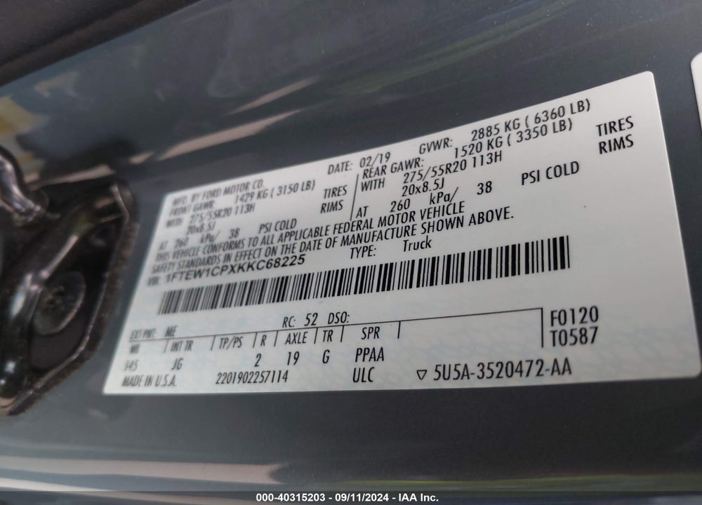 2019 FORD F-150 XL VIN: 1FTEW1CPXKKC68225
