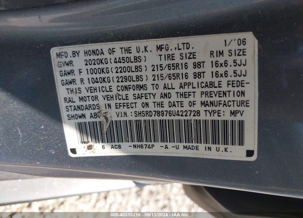 2006 HONDA CR-V SE VIN: SHSRD78976U422728