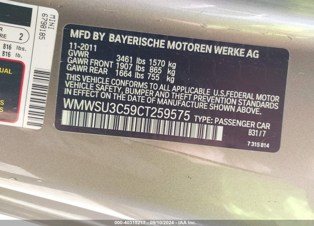 2012 MINI COOPER VIN: WMWSU3C59CT259575
