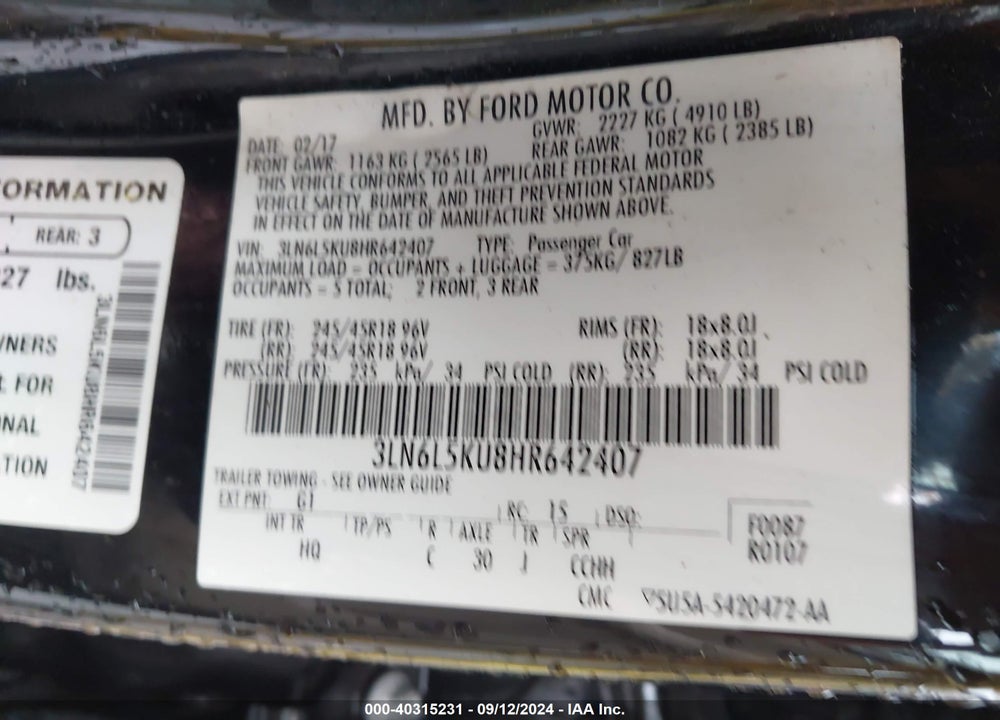 2017 LINCOLN MKZ HYBRID PREMIERE VIN: 3LN6L5KU8HR642407