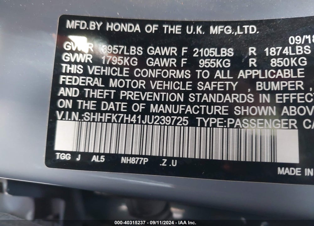 2018 HONDA CIVIC SPORT VIN: SHHFK7H41JU239725