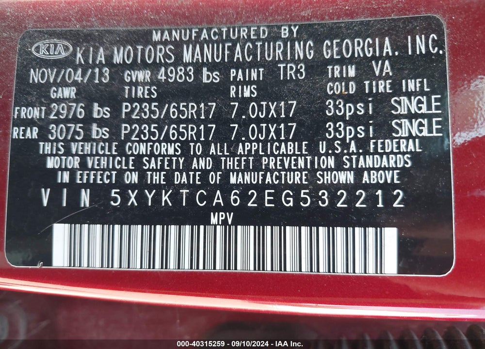2014 KIA SORENTO LX VIN: 5XYKTCA62EG532212