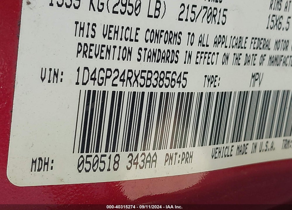 2005 DODGE GRAND CARAVAN SE VIN: 1D4GP24RX5B385645