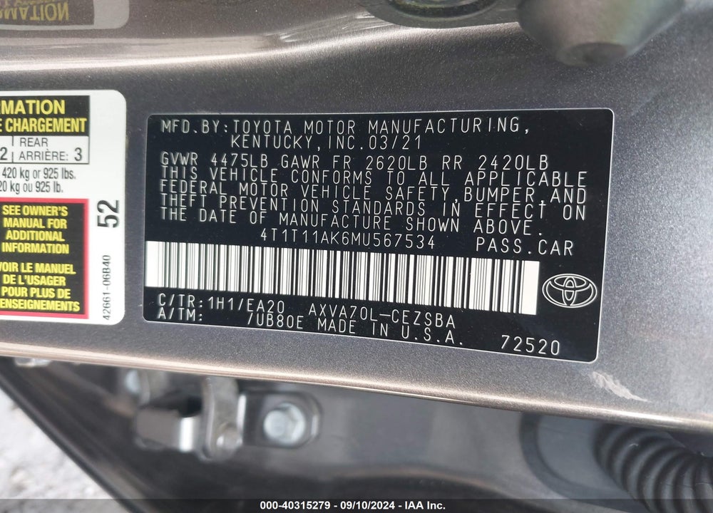 2021 TOYOTA CAMRY SE VIN: 4T1T11AK6MU567534