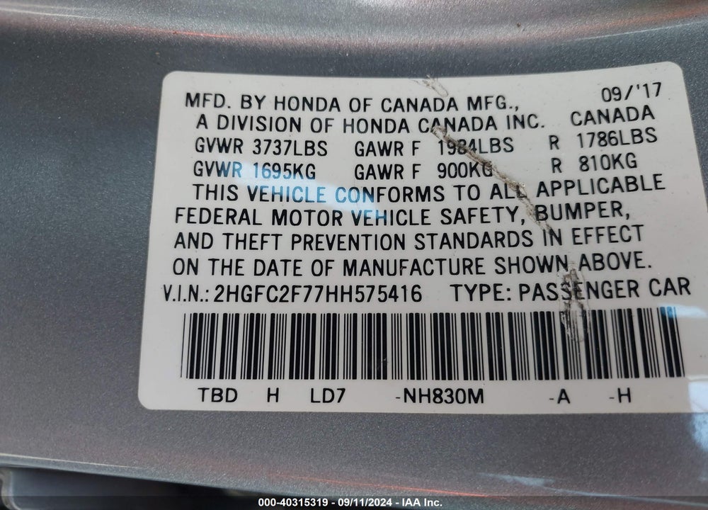 2017 HONDA CIVIC EX VIN: 2HGFC2F77HH575416