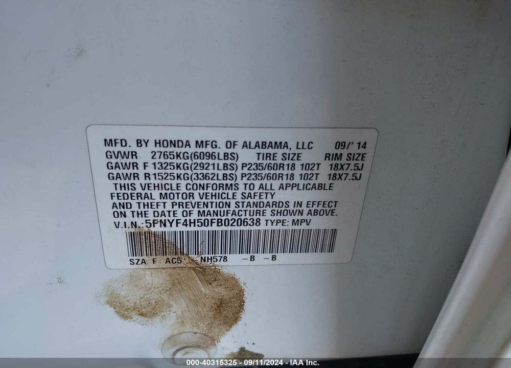 2015 HONDA PILOT EX-L VIN: 5FNYF4H50FB020638