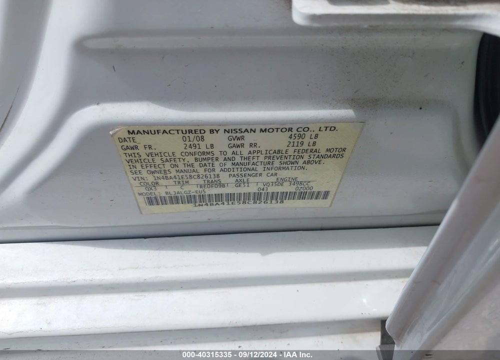 2008 NISSAN MAXIMA 3.5 SL VIN: 1N4BA41E58C826138
