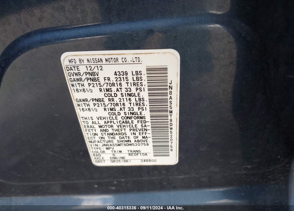 2013 NISSAN ROGUE S VIN: JN8AS5MT8DW520759