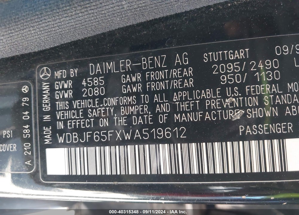 1998 MERCEDES-BENZ E 320 VIN: WDBJF65FXWA519612