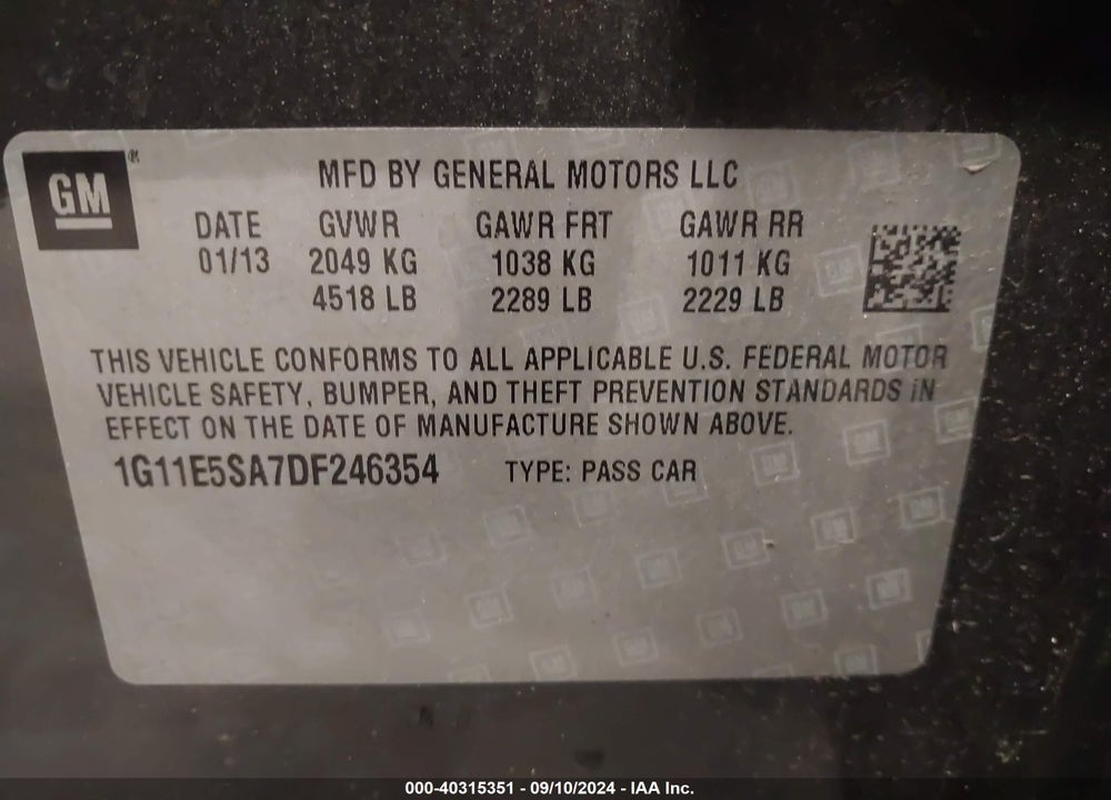 2013 CHEVROLET MALIBU 2LT VIN: 1G11E5SA7DF246354