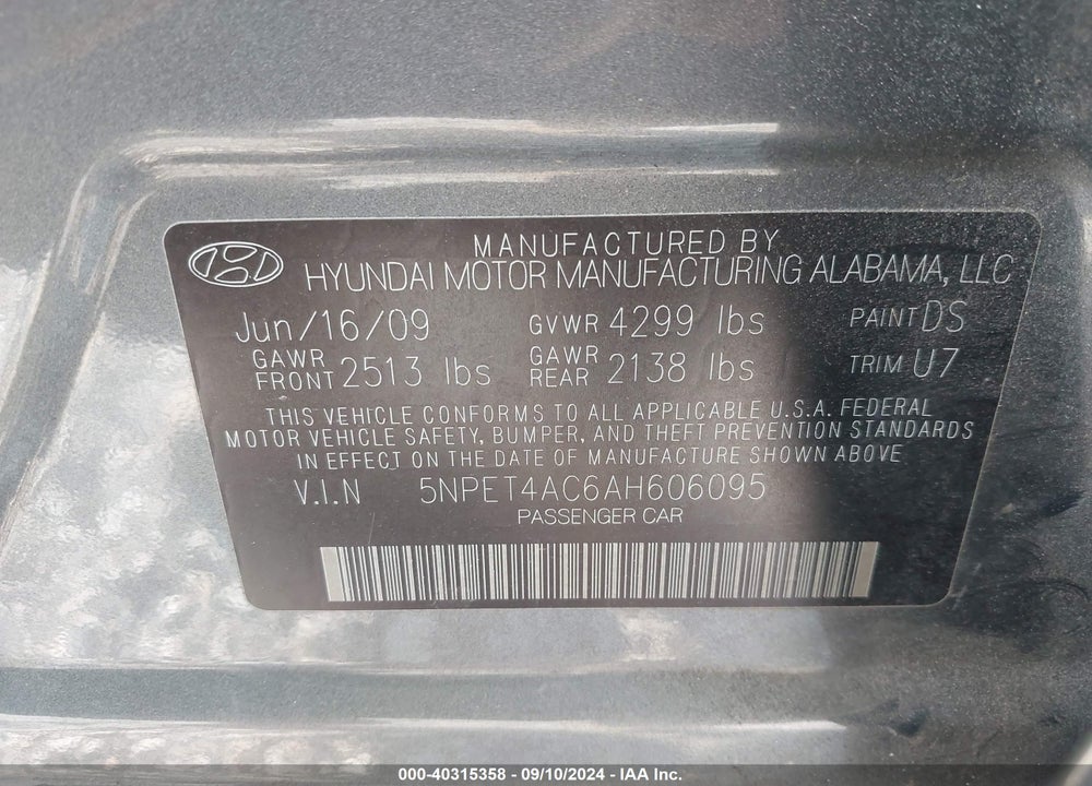 2010 HYUNDAI SONATA GLS VIN: 5NPET4AC6AH606095