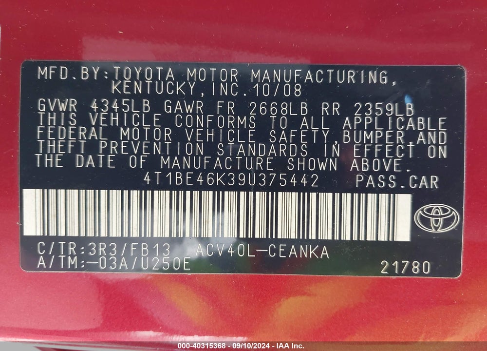 2009 TOYOTA CAMRY LE VIN: 4T1BE46K39U375442