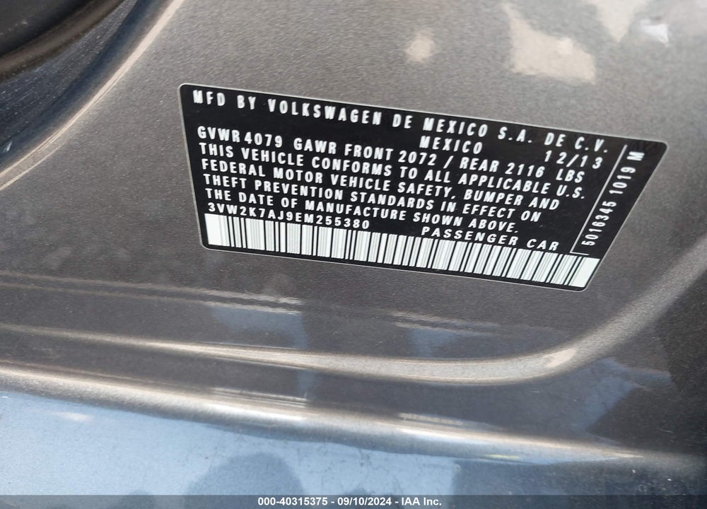 2014 VOLKSWAGEN JETTA 2.0L S VIN: 3VW2K7AJ9EM255380