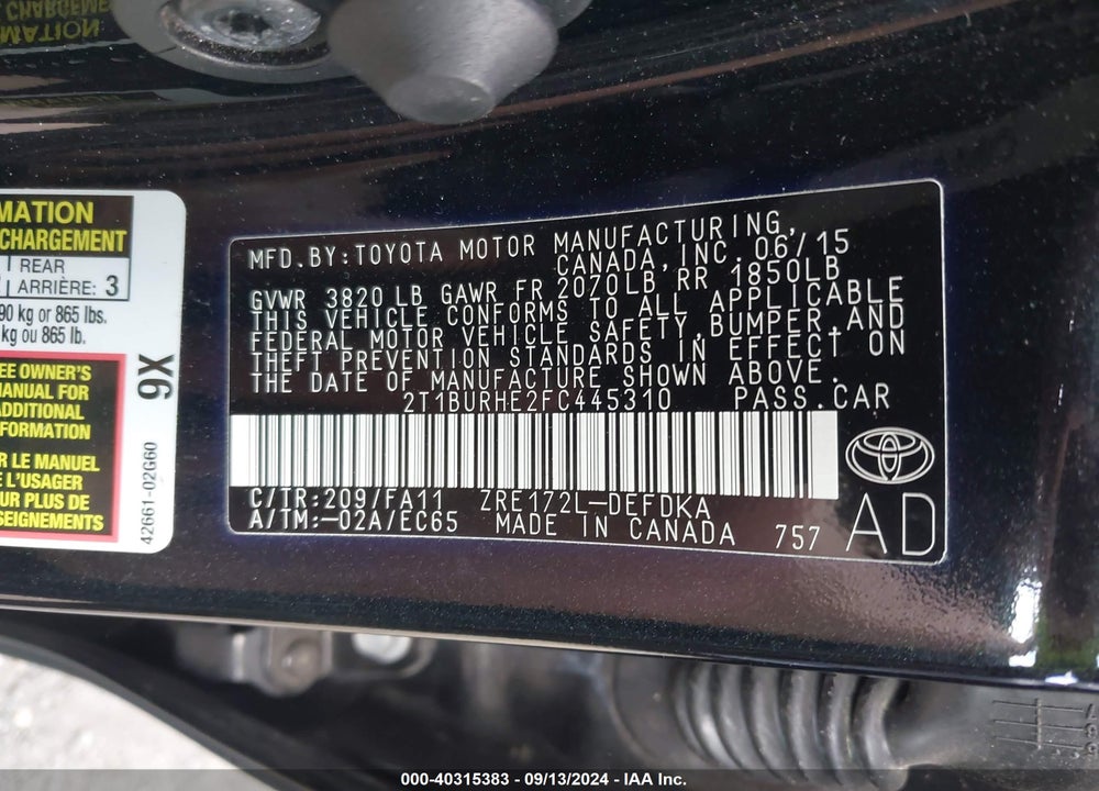 2015 TOYOTA COROLLA L VIN: 2T1BURHE2FC445310