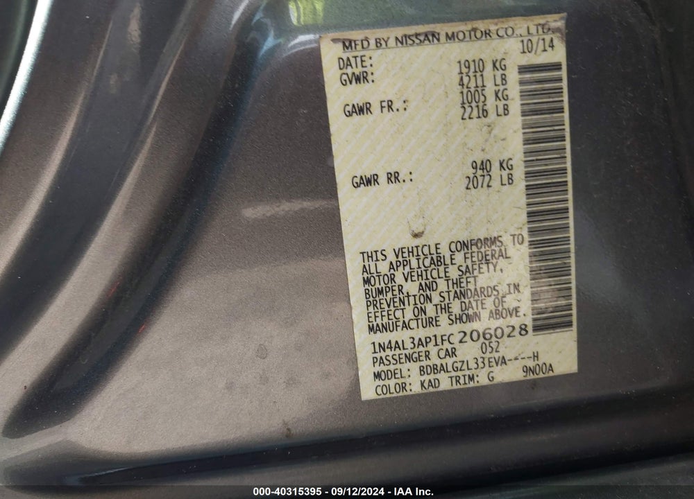 2015 NISSAN ALTIMA 2.5 S VIN: 1N4AL3AP1FC206028