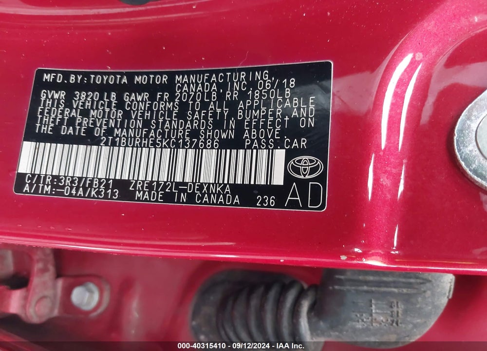 2019 TOYOTA COROLLA LE VIN: 2T1BURHE5KC137686