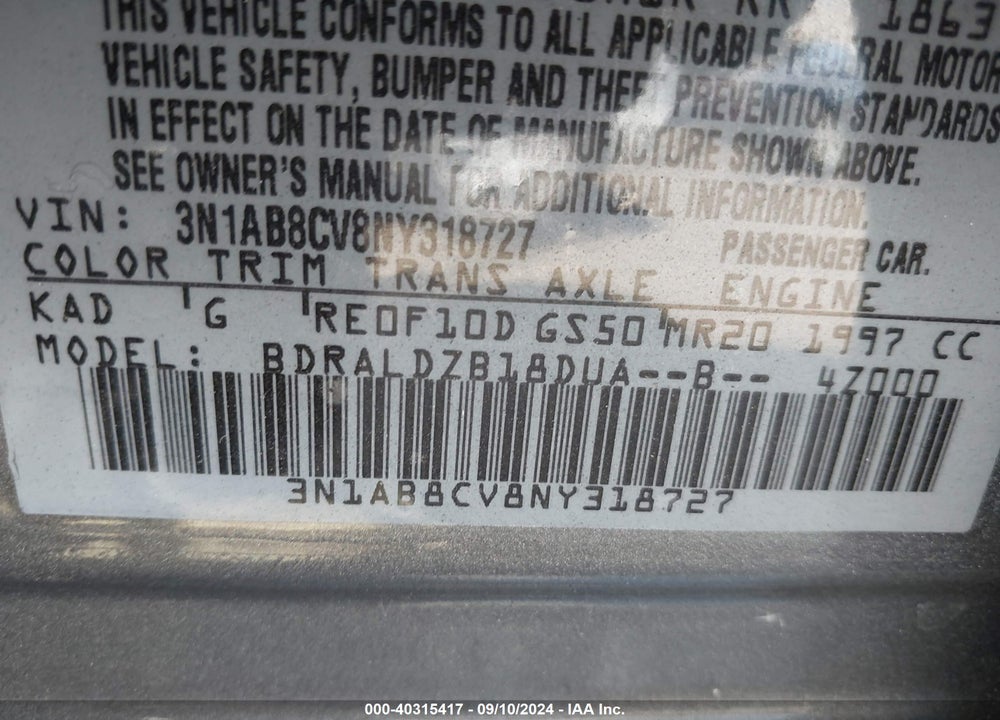2022 NISSAN SENTRA SV XTRONIC CVT VIN: 3N1AB8CV8NY318727