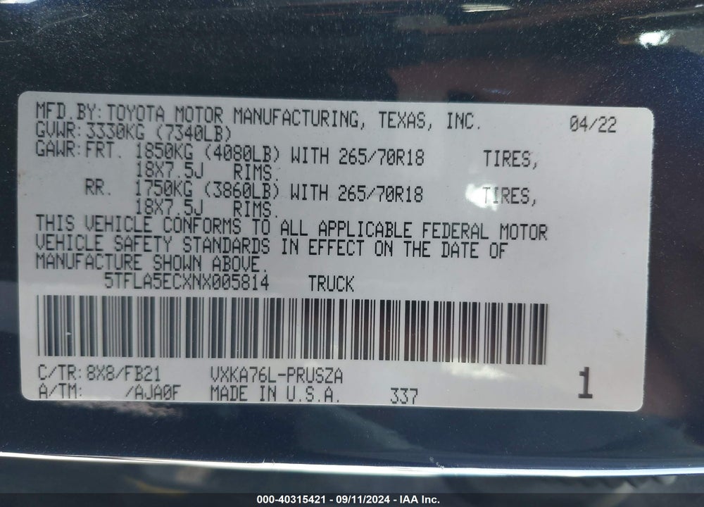 2022 TOYOTA TUNDRA SR5 VIN: 5TFLA5ECXNX005814