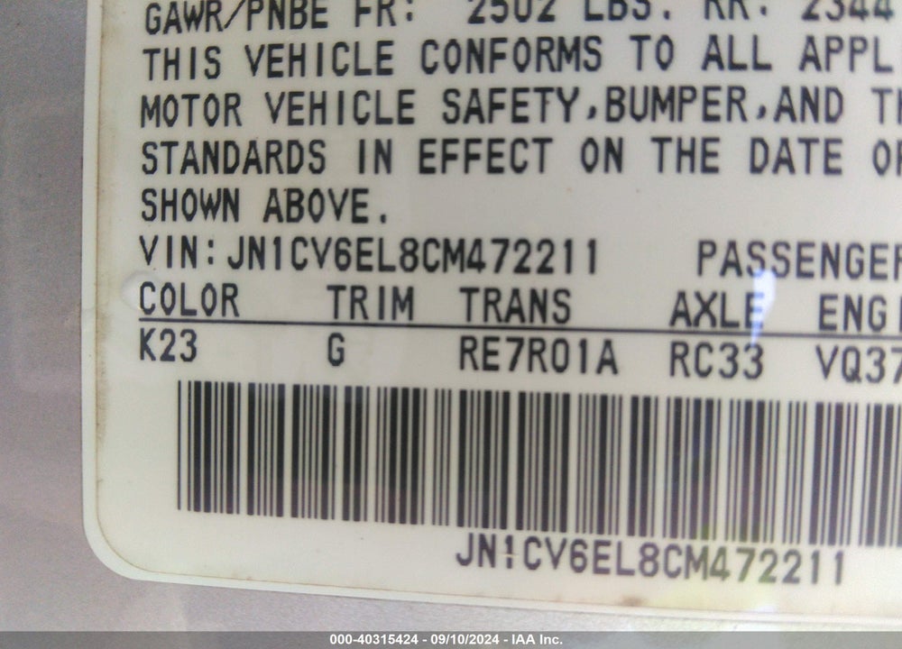 2012 INFINITI G37X VIN: JN1CV6EL8CM472211
