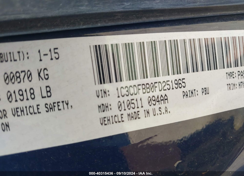 2015 DODGE DART SXT VIN: 1C3CDFBB0FD251965