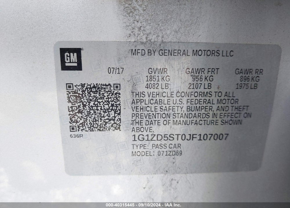 2018 CHEVROLET MALIBU LT VIN: 1G1ZD5ST0JF107007