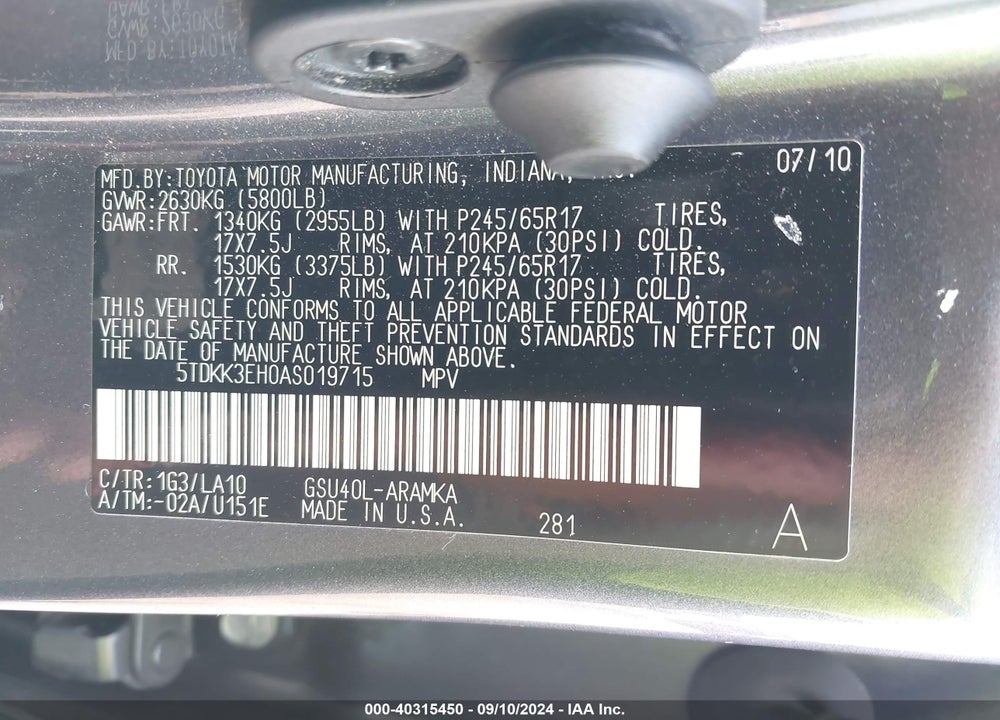 2010 TOYOTA HIGHLANDER SE V6 VIN: 5TDKK3EH0AS019715