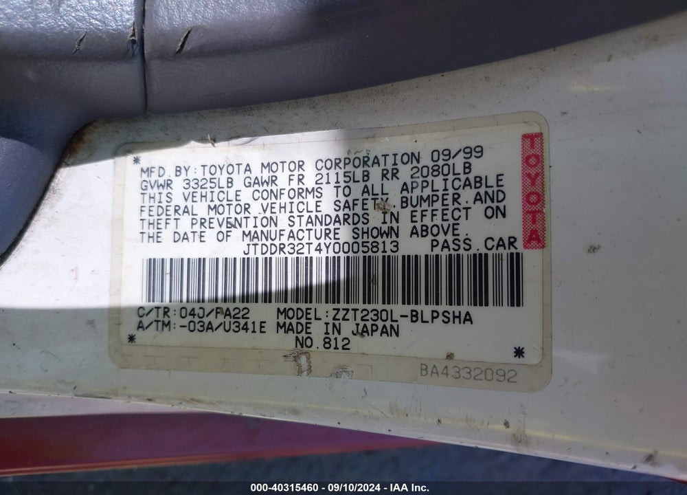 2000 TOYOTA CELICA GT VIN: JTDDR32T4Y0005813