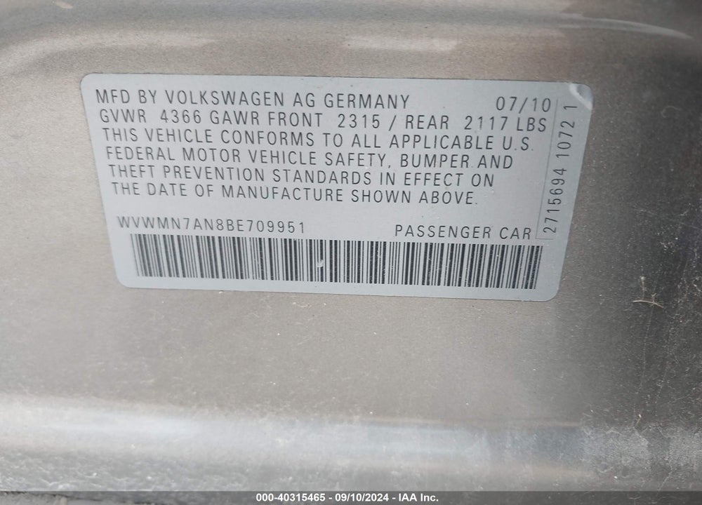 2011 VOLKSWAGEN CC SPORT VIN: WVWMN7AN8BE709951