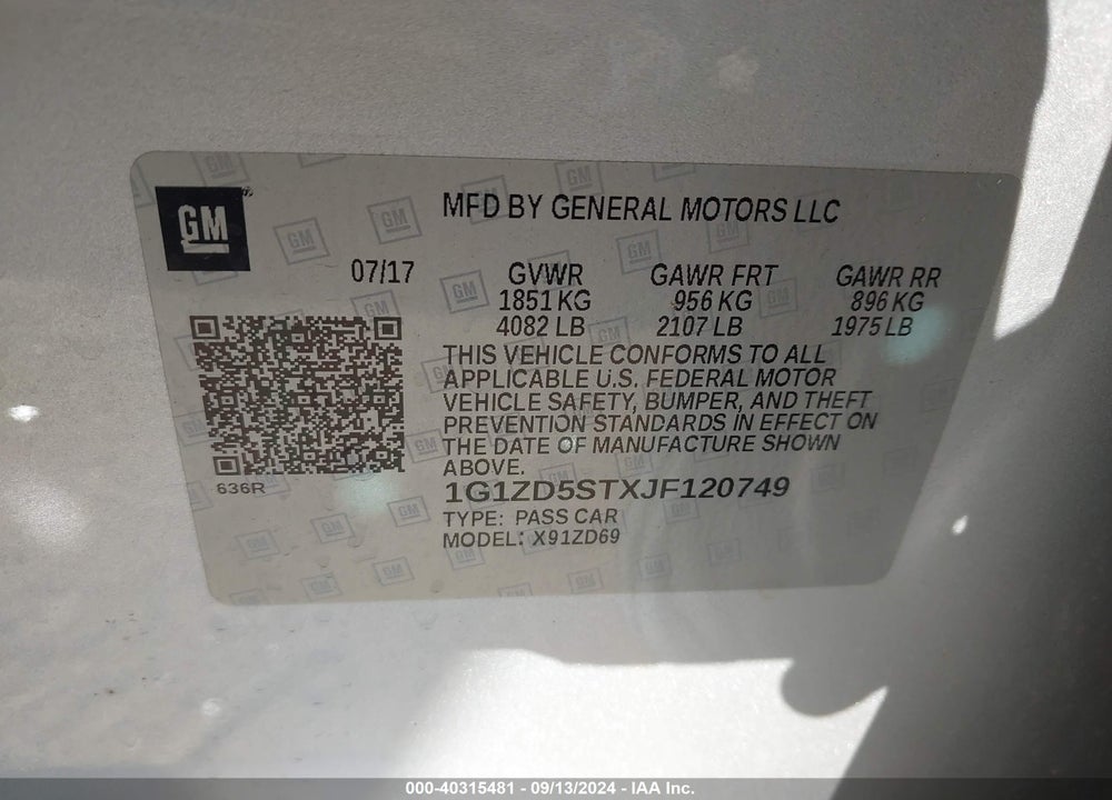 2018 CHEVROLET MALIBU LT VIN: 1G1ZD5STXJF120749