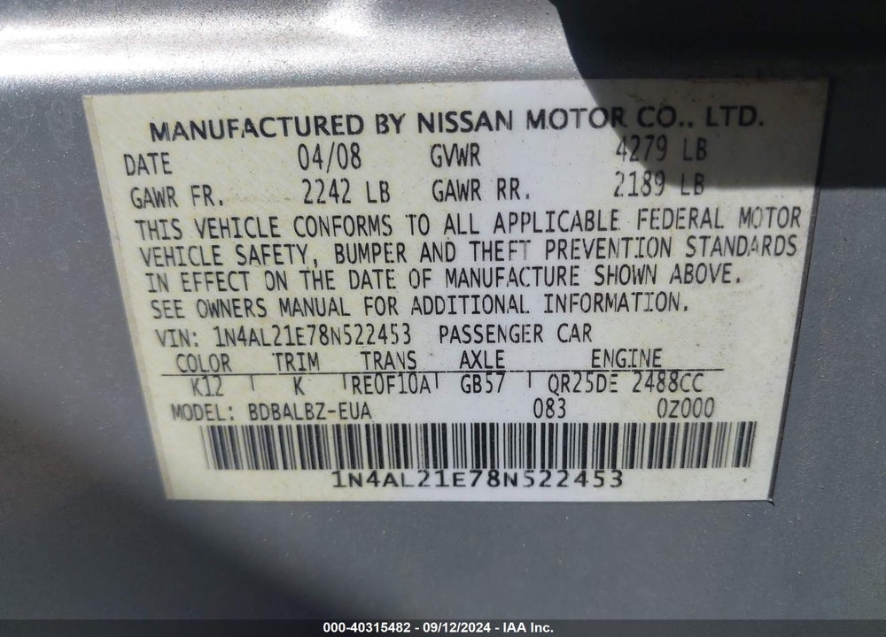 2008 NISSAN ALTIMA 2.5 S VIN: 1N4AL21E78N522453
