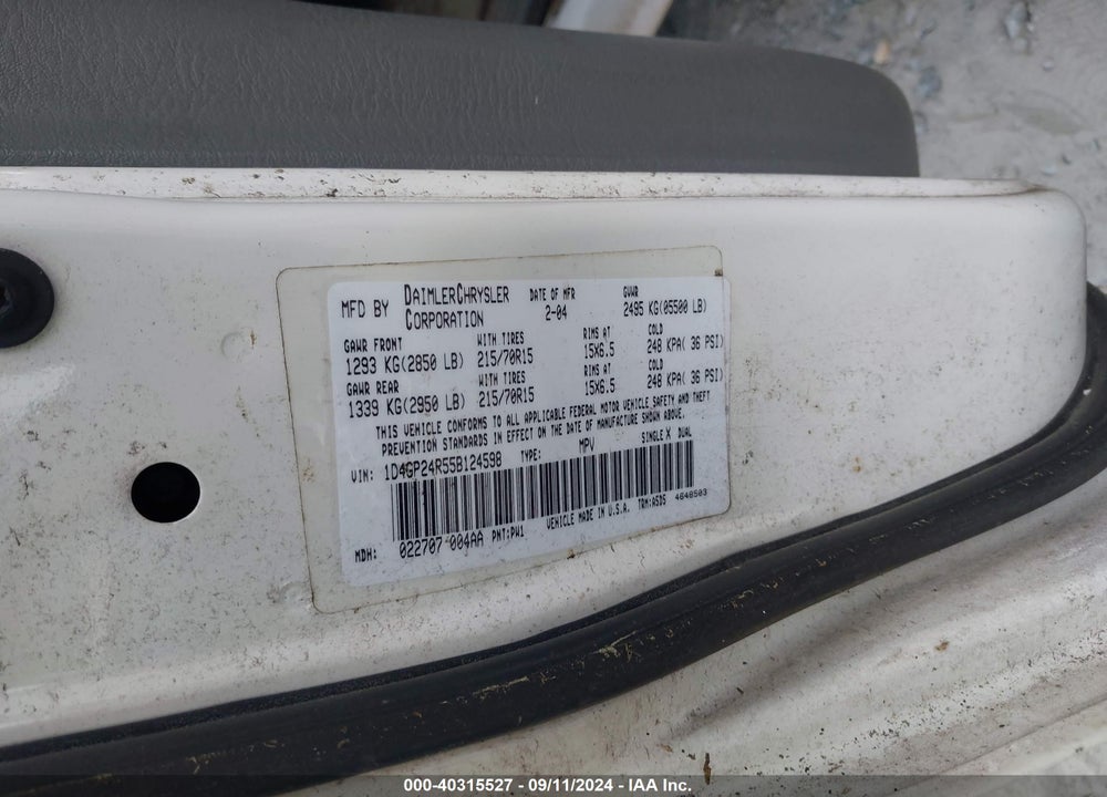 2005 DODGE GRAND CARAVAN SE VIN: 1D4GP24R55B124598