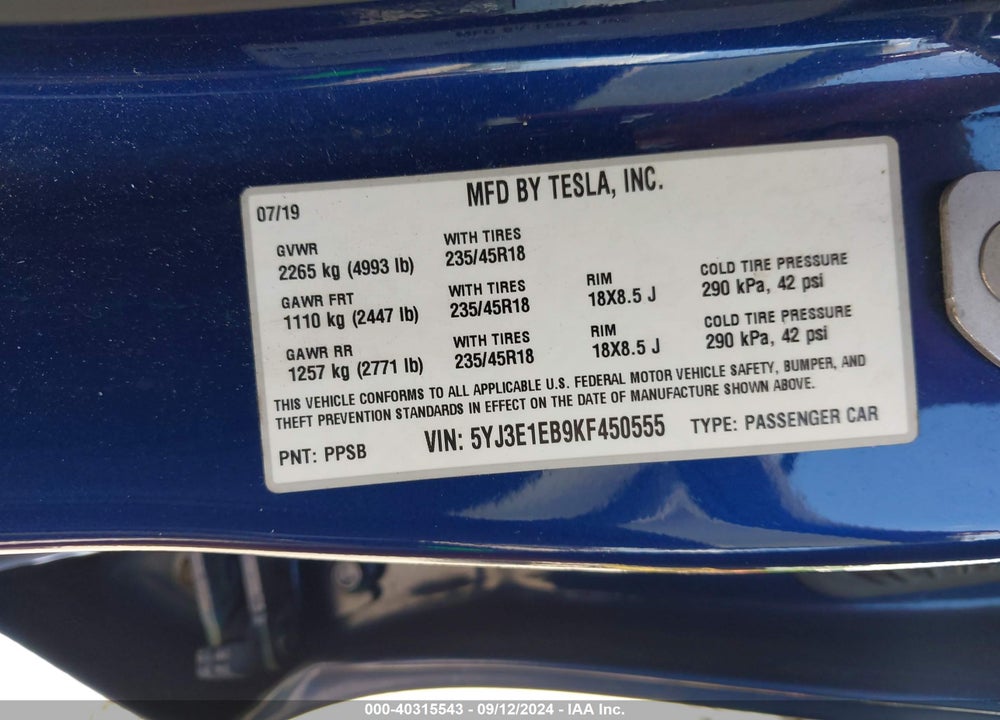 2019 TESLA MODEL 3 LONG RANGE/PERFORMANCE VIN: 5YJ3E1EB9KF450555