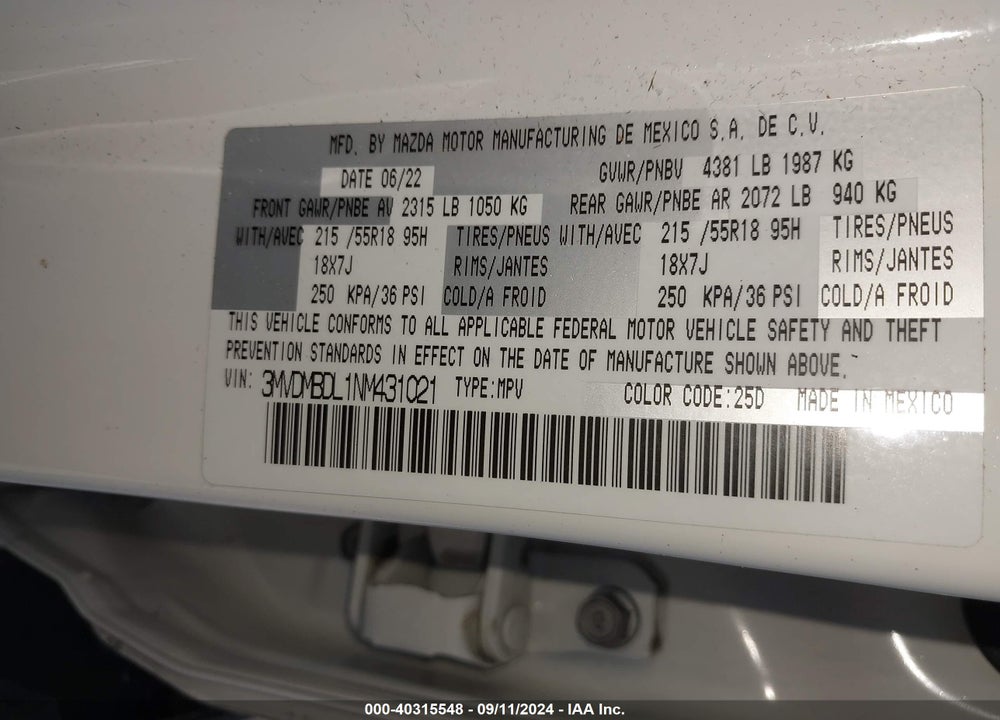 2022 MAZDA CX-30 PREMIUM VIN: 3MVDMBDL1NM431021
