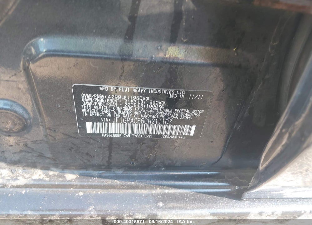 2012 SUBARU IMPREZA 2.0I PREMIUM VIN: JF1GPAC66CH211103