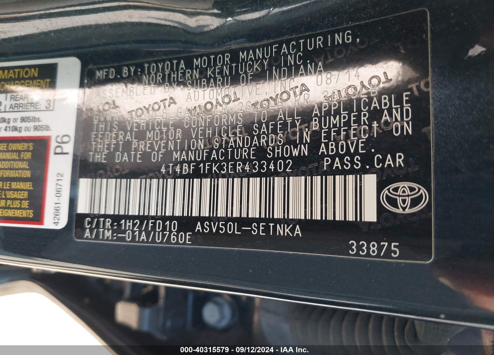 2014 TOYOTA CAMRY VIN: 4T4BF1FK3ER433402