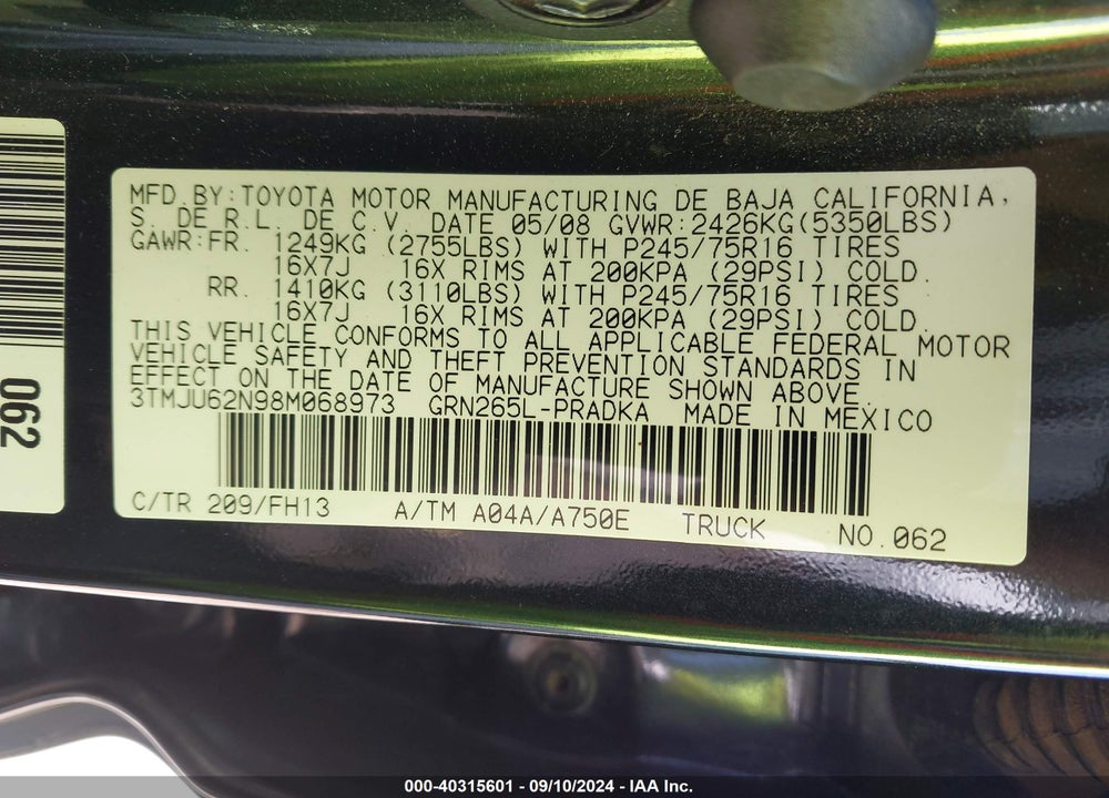 2008 TOYOTA TACOMA PRERUNNER V6 VIN: 3TMJU62N98M068973