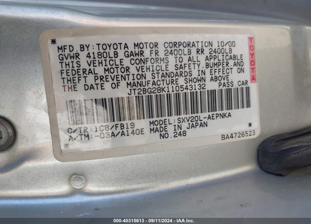 2001 TOYOTA CAMRY LE VIN: JT2BG28K110543132