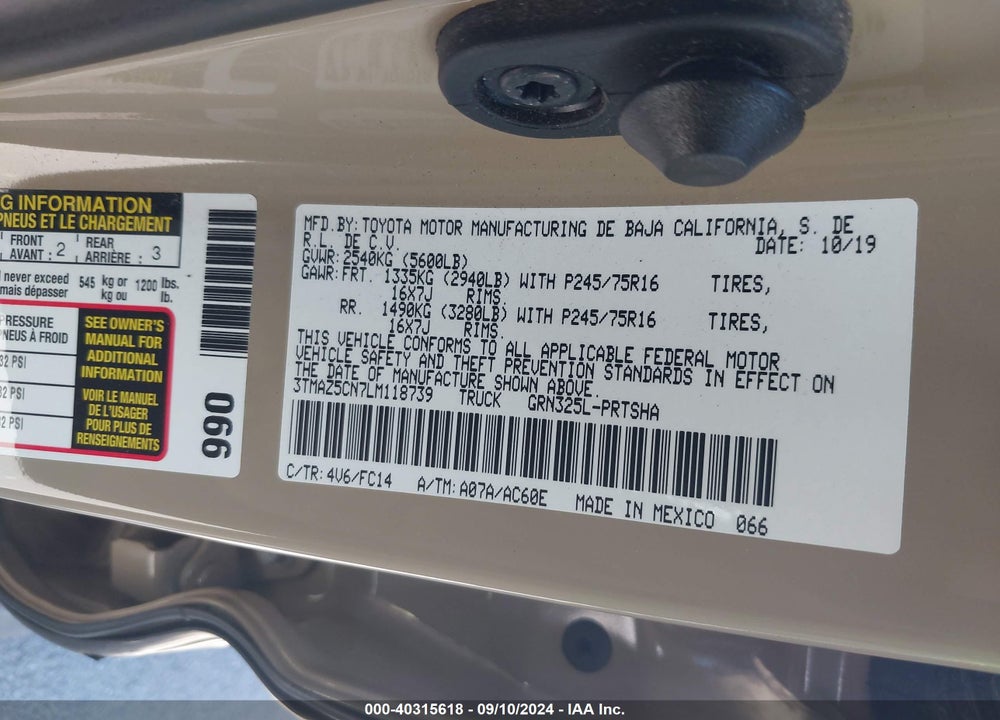 2020 TOYOTA TACOMA SR5 V6 VIN: 3TMAZ5CN7LM118739