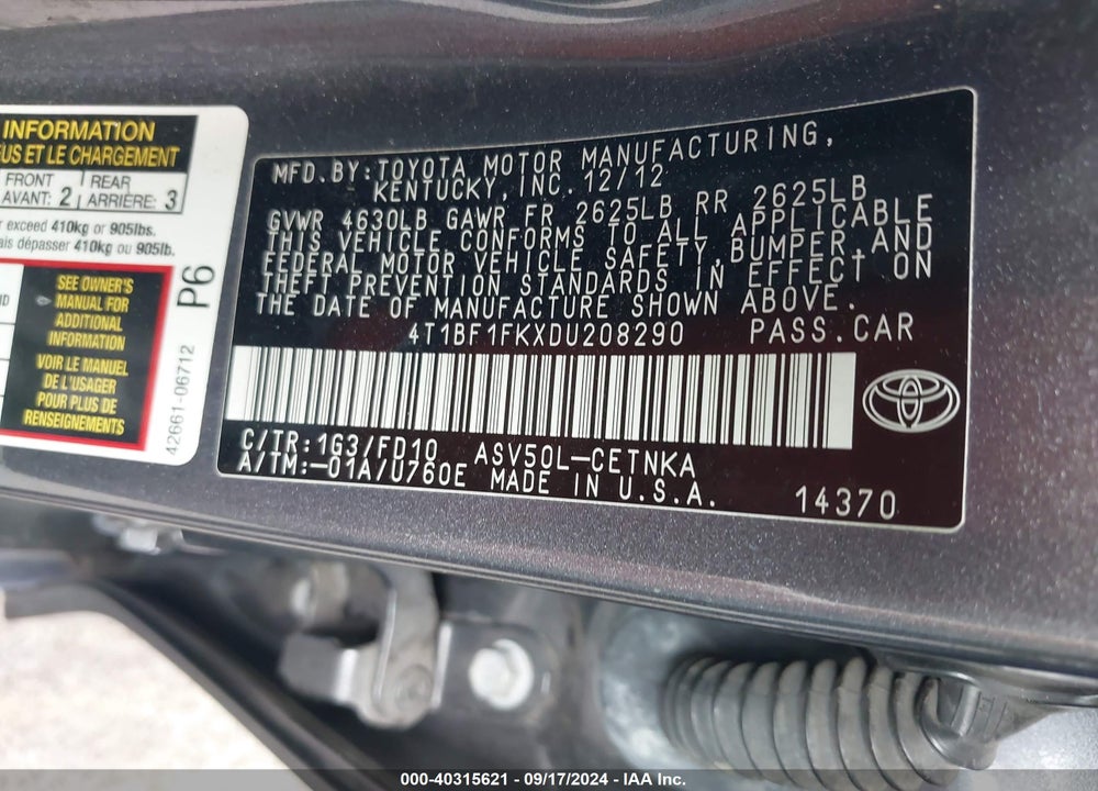 2013 TOYOTA CAMRY LE VIN: 4T1BF1FKXDU208290