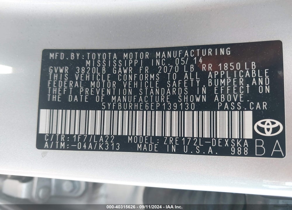 2014 TOYOTA COROLLA S PREMIUM VIN: 5YFBURHE6EP139130
