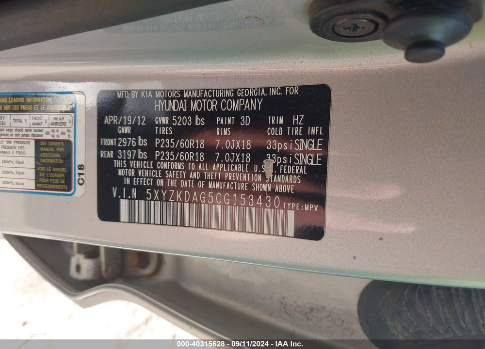 2012 HYUNDAI SANTA FE LIMITED V6 VIN: 5XYZKDAG5CG153430