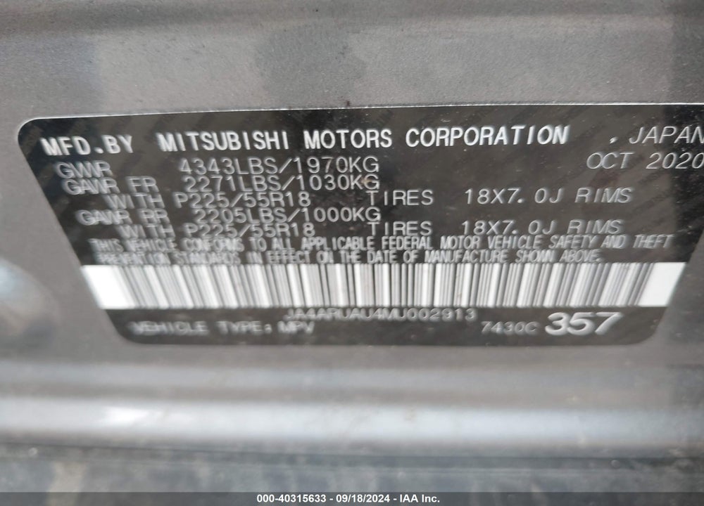 2021 MITSUBISHI OUTLANDER SPORT 2.0 BE AWC/2.0 ES AWC/2.0 LE AWC/2.0 SE AWC VIN: JA4ARUAU4MU002913